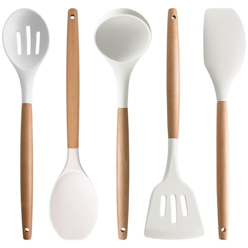 Silicone Kitchen Utensils Set of 5, Cooking Utensil Set with Heat Resistant Wooden Handle Non-Stick Silicone Spatula Spoon Turner Ladle, BPA FREE Cooking Kitchen Gadgets for Cookware & Baking - color: White, size: Standard 5-Piece Set