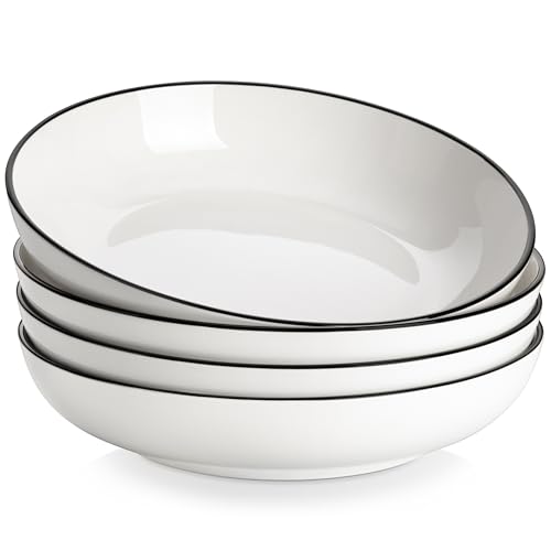 MALACASA 10" Large Pasta Bowls, 56 OZ White Salad Bowls Soup Bowls, Porcelain Serving Bowls Set of 4, Ivory White & Black Rim, Microwave & Dishwasher Safe, Series REGULAR - color: Ivory White (Black Rim), size: 56 Oz (4 Piece)