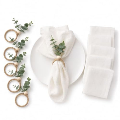 Cloth Napkins and Napkin Rings Set of 6 for Table Decoration | 6PCS White Napkins with 6PCS Boho Green Artificial Leaf Napkin Rings for Wedding Party Dinner Family Gathering Birthday