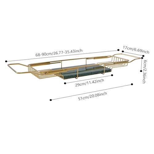 Expandable Stainless Steel Bathtub Caddy Tray, Adjustable Over Tub Rack Marble Board Anti-Slip Groove Raised Guardrail Modern Bath Organizer for Home Hotel Bathroom Use (Gold + Green) - color: Gold + Green