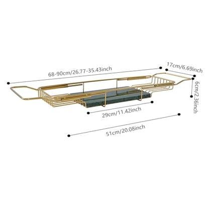 Expandable Stainless Steel Bathtub Caddy Tray, Adjustable Over Tub Rack Marble Board Anti-Slip Groove Raised Guardrail Modern Bath Organizer for Home Hotel Bathroom Use (Gold + Green) - color: Gold + Green