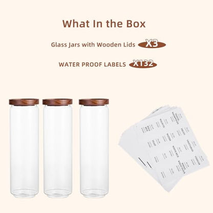 Tzerotone Glass Pantry Storage Jars with Acacia Airtight Lid, 50 OZ Kitchen Canisters with Wood Lid and 132 Pantry Labels, Food Storage Containers Set of 3 - color: 50OZ-3PCS