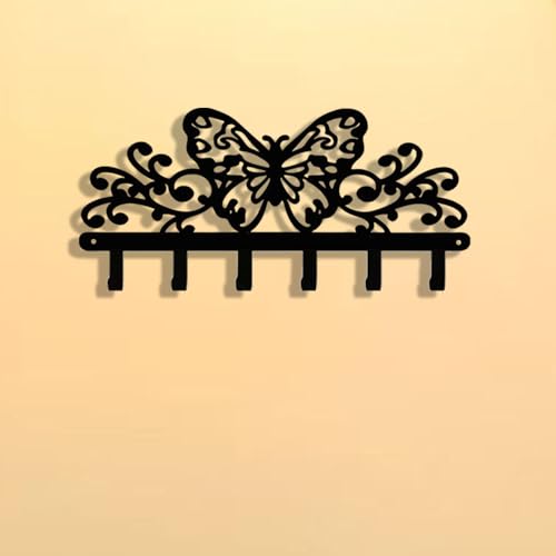 Butterfly 6‑Hook Black Metal Wall Rack, Entryway Organizer for Keys Coats Hats Towels Decor