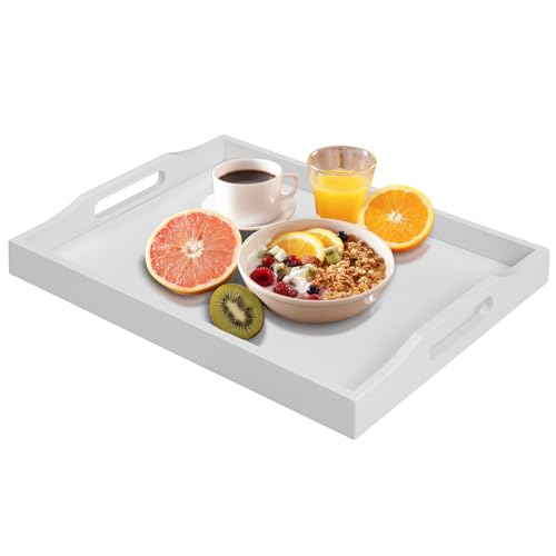 RRX Bamboo Food Serving Tray with Handles,Breakfast Bed Tray (White) | Wood Tray for Tea, Snack, Dinner, Home Decorative Storage Food, Platter, Ottoman for Kitchen Counter, Bathroom, Restaurant - color: White