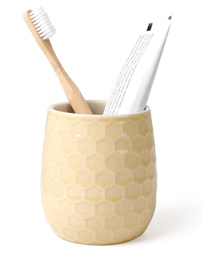 Toothbrush Holder, Tooth Brush Holder for Bathroom - Ceramic Toothbrush Cup Toothbrush Holders Countertop, Ice Cracks Yellow Makeup Brush Holder Pen Holder, 3.62" x 3.62" x 3.93", ANTIS'S HOME - color: Ice Crack Yellow, size: Honeycomb