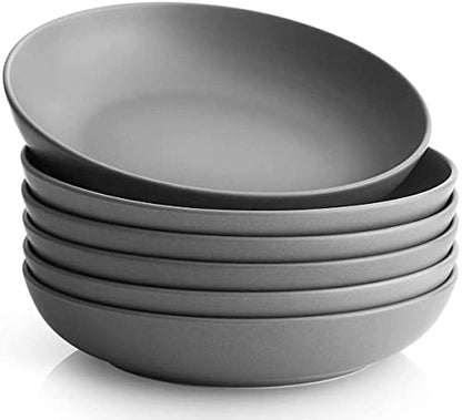 Y YHY Pasta Bowls Set of 6, Large Salad Serving Bowls, Porcelain Soup Bowls 30 Ounces, Wide and Flat, Microwave Dishwasher Safe, Matte Grey - color: Matte Gray, size: 30 oz