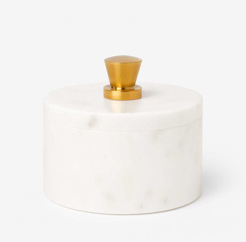 Marble Salt Cellar with Lid and Golden Knob | Natural Stone Salt Box for Kitchen Counter and Dining | Marble Spice Jar Holder for Cooking, Tabletop, and Countertop Storage (4 * 3.5 Inch, White) - color: White with Golden Knob