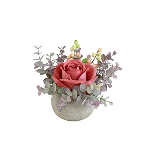 Small Artificial Pink Rose Potted Plant, 6" Fake Silk Flowers in 3.5" Round Pot, Mini Faux Floral Arrangement for Desk Shelf Bathroom Decor - color: Pink