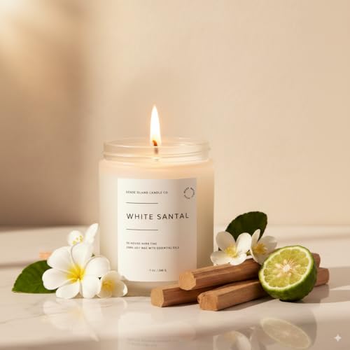 White Santal Scented Candle for Home | Natual Soy Wax | 50 hrs Burn Time | Hand Poured in Small Batches | Premium Fragrance - color: White Santal