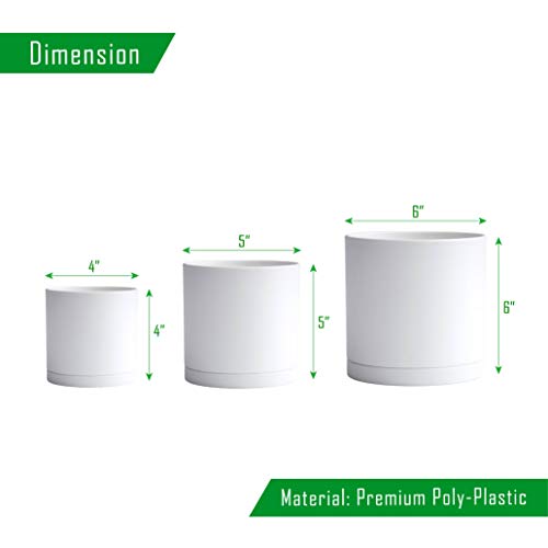 D'vine Dev 3-Pack Plastic Pots & Saucers, 4/5/6 in, White, 74-V-A-1 | Multi-Size Options, Lightweight Durable, Matte Finish, Cylinder Shape, Drainage Holes, Sleek Design, Detachable Saucer - color: Matte White, size: Small