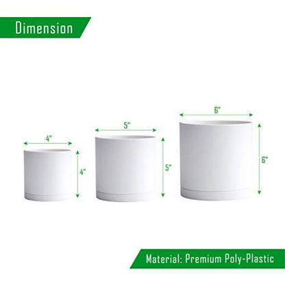 D'vine Dev 3-Pack Plastic Pots & Saucers, 4/5/6 in, White, 74-V-A-1 | Multi-Size Options, Lightweight Durable, Matte Finish, Cylinder Shape, Drainage Holes, Sleek Design, Detachable Saucer - color: Matte White, size: Small