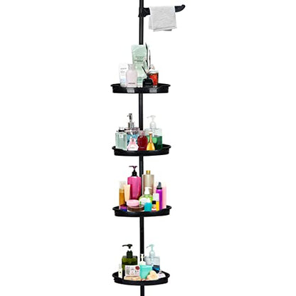 360° Rotating Corner Shower Caddy Organizer Tension Pole, 4-Tier Adjustable Rustproof Corner Shelf with Metal Pole for Inside Shower, Extra Towel Bar & Soap Dish, Bathroom Storage for Bathtub, Black