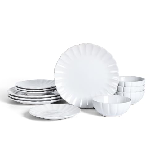 Earth & Clay Phoenix 12-Piece Stoneware Dinnerware Set, Plates and Bowls Set, Dishwasher and Microwave Safe, Dish Set for 4, White - color: White, size: 12-Piece - Service for 4