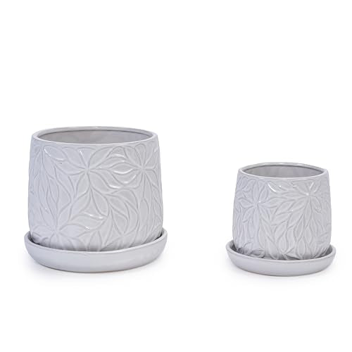 Embossed Leaf Ceramic Planter Pot Set, Modern Flowerpot with Drainage Hole, Matching Saucer, Gloss Glazed Decorative Container for Succulents Herbs Orchids Patio Garden Windowsill (Gloss White) - color: Gloss White