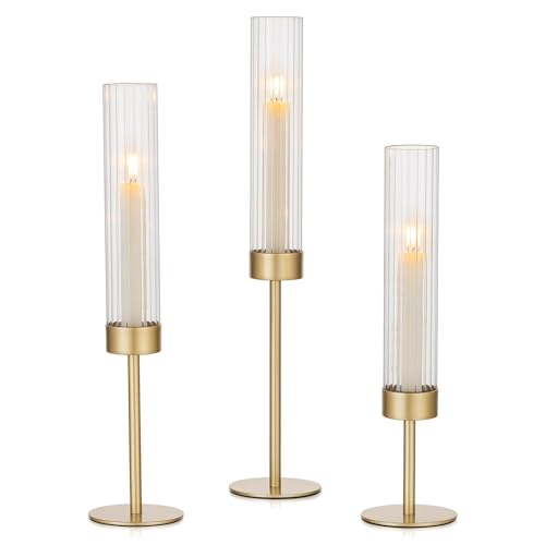 Hewory Gold Hurricane Candle Holder: 3PCS Candlestick Holders for Decor | Ribbed Glass, Brass Taper Candle Holders at 3 different heights, for Table Centerpiece Wedding Party Christmas Decorations - color: Matte Gold, size: 3PCS