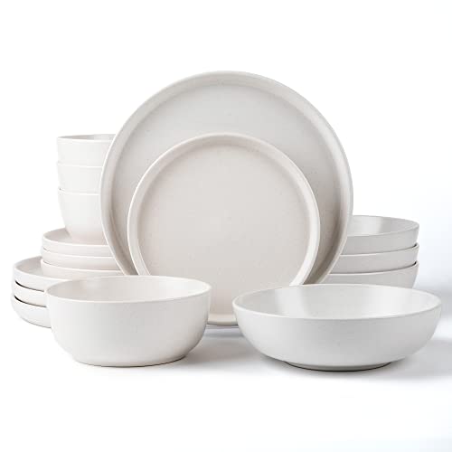 ARORA SKUGGA Round Stoneware 16pc Double Bowl Dinnerware Set for 4, Dinner and Side Plates, Cereal and Pasta Bowls - Matte White(466077) - color: White-Cereal/Pasta Bowl, style: Round-Service for 4(16pcs)
