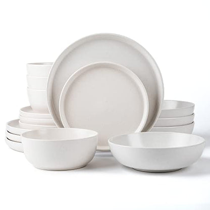 ARORA SKUGGA Round Stoneware 16pc Double Bowl Dinnerware Set for 4, Dinner and Side Plates, Cereal and Pasta Bowls - Matte White(466077) - color: White-Cereal/Pasta Bowl, style: Round-Service for 4(16pcs)
