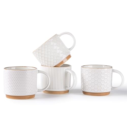GBhome 6 OZ Stackable Coffee Mugs Set of 4, Ceramic Coffee Cups Set | 4 Assorted Designs, Embossed Mugs with Texture Patterns for Espresso/Tea, Dishwasher&Microwave Safe, Off White - color: Off-White, size: 6 Ounces