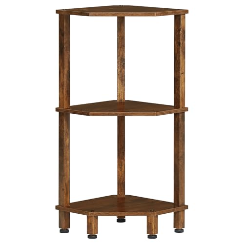 YUFAM 3-Tier Corner Shelf, Brown | Wooden Small Corner Table with Sturdy 5-Leg Base, Wooden Corner Bookshelf for Adjustable Base - color: Brown, size: 3 Tier