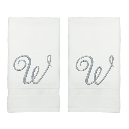 Monogrammed Fingertip Towels, Personalized Gift, 11 x 18 Inches - Set of 4 - Silver Script Embroidery - Extra Absorbent 100% Turkish Cotton- Soft Terry Velour- for Bathroom, Kitchen and Spa- W White - style: Initial W