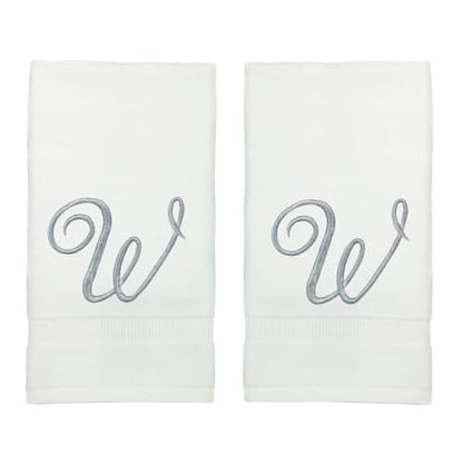 Monogrammed Fingertip Towels, Personalized Gift, 11 x 18 Inches - Set of 4 - Silver Script Embroidery - Extra Absorbent 100% Turkish Cotton- Soft Terry Velour- for Bathroom, Kitchen and Spa- W White - style: Initial W