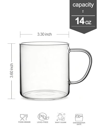 LUXU Glass Coffee Mugs, 14 oz Ice coffee cups,Clear Tea Cups Set of 4 | Heat Resistant and Explosion-Proof Glass Coffee Cups,Borosilicate Glass Mugs with Handles for Hot/Cold Beverages,Americano - style: 14 oz clear coffee mugs