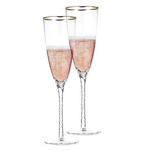 Premium Crystal Champagne Flutes - Set of 2 Elegant Glass Champagne Glasses with Twisted Stem & Gold Rim - 10.6 oz Flute Glasses for Weddings, Parties & Special Celebrations