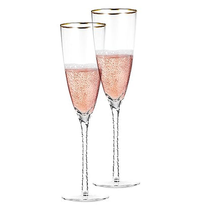 Premium Crystal Champagne Flutes - Set of 2 Elegant Glass Champagne Glasses with Twisted Stem & Gold Rim - 10.6 oz Flute Glasses for Weddings, Parties & Special Celebrations