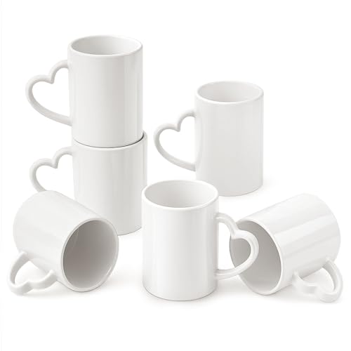 Pickmesh Sublimation Mugs Set of 6 White Blank Ceramic Coffee Mug 10 OZ, Heart-Shaped Handle Mugs, Blank Cups for Coffee Tea Latte Cocoa, Microwave & Dishwasher Safe, Home Kitchen Decor - color: White, style: Classic