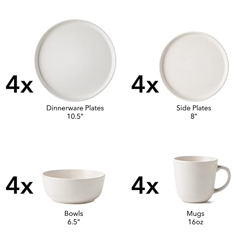 Arora SKUGGA Round Stoneware 16pc Dinnerware Set of 4, Dinner Plates, Side Plates, Cereal Bowls, Mugs - Matte White (466817) - color: White-Bowl/Mug, style: Round-Service for 4(16pcs)