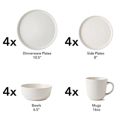 Arora SKUGGA Round Stoneware 16pc Dinnerware Set of 4, Dinner Plates, Side Plates, Cereal Bowls, Mugs - Matte White (466817) - color: White-Bowl/Mug, style: Round-Service for 4(16pcs)