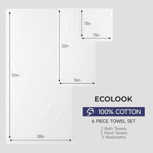 ecolook Ultra Soft 6-Piece Towel Set, 100% Cotton | Lighter Weight, Quick Dry, Highly Absorbent, 2 Bath, 2 Hand, 2 Washcloths, Perfect for Bathroom, White - color: White