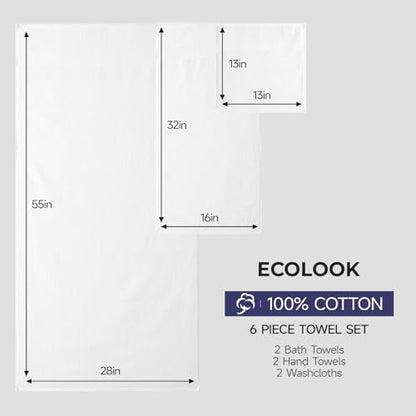 ecolook Ultra Soft 6-Piece Towel Set, 100% Cotton | Lighter Weight, Quick Dry, Highly Absorbent, 2 Bath, 2 Hand, 2 Washcloths, Perfect for Bathroom, White - color: White
