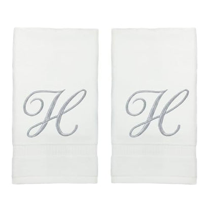 Monogrammed Fingertip Towels, Personalized Gift, 11 x 18 Inches - Set of 4 - Silver Script Embroidery - Extra Absorbent 100% Turkish Cotton- Soft Terry Velour- for Bathroom, Kitchen and Spa- H White - style: Initial H