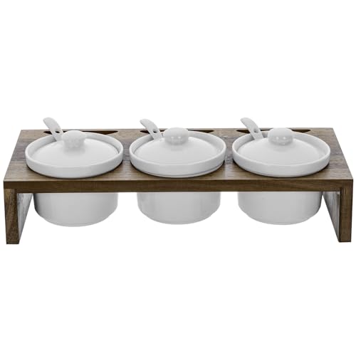 MyGift 10 Pcs Condiment Pot Serving Dish Set, Hosting Essentials, Premium Acacia Solid Wood Raised Display Server Tray and 3 Ceramic Ramekin Dip Bowls with Lids and Spoons - color: Acacia