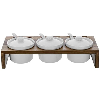 MyGift 10 Pcs Condiment Pot Serving Dish Set, Hosting Essentials, Premium Acacia Solid Wood Raised Display Server Tray and 3 Ceramic Ramekin Dip Bowls with Lids and Spoons - color: Acacia