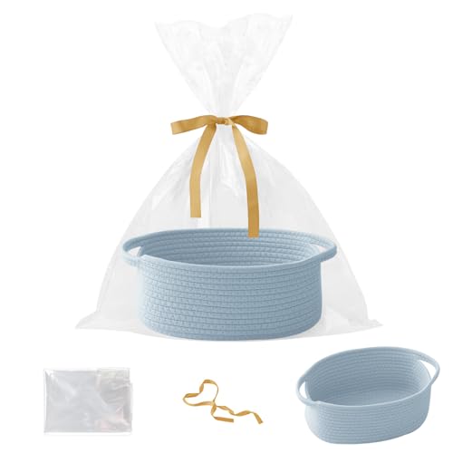 Blue Woven Rope Basket - Baby Gift Basket with Bag & Ribbon | Cotton rope with handle, 12x8x5 in, gift bag and ribbon, for baby shower, birthday, toy storage, nursery, shelf decor - color: Blue