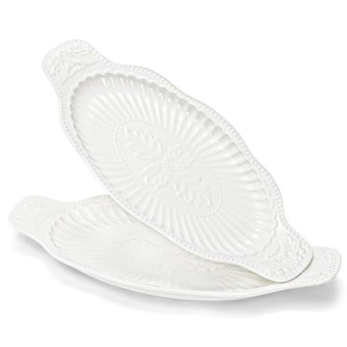 2 Pack Porcelain Oval Serving Platters, 14 Inch Large Embossed White Serving Plates for Entertaining, Oven Safe Stackable Ceramic Dinner Tray for Fish, Meat, Appetizers, Fruits, Dessert