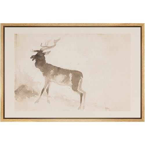 SIGNFORD Framed Canvas Print Wall Art Set Minimalist Deer Silhouette in Sepia Elegant Wildlife Ink Wash Illustrations Modern Art Country Landscape for Living Room, Bedroom, Office - 16"x24" Natural - color: B15-2508-m27, size: 24"L x 16"W