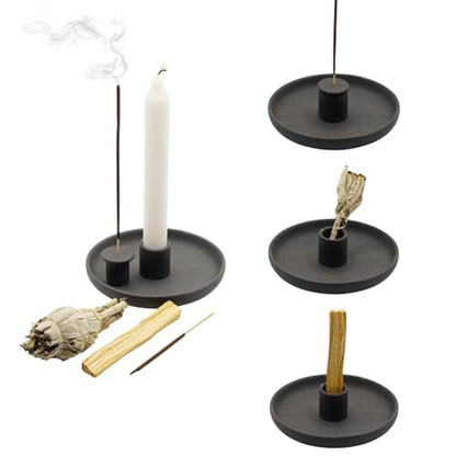 4 in 1 Incense Burner Holder - Multi-Purpose Ceramic Incense Stick Holder, Palo Santo Holder for Clean Burning, Sage Meditation Burner Set, Candle Holder for Aromatherapy (Matte Charcoal Black) - color: Matte Charcoal Black