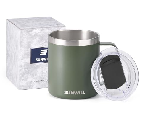SUNWILL Travel Coffee Mug with Lid, Insulated Tumbler with Handle, 14 oz Stainless Steel Cup for Home, Office, Camping, Powder Coated Camp Green - color: Powder Coated Camp Green
