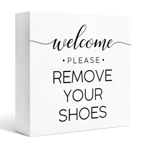 Welcome Remove Shoes Wood Box Sign, Minimalist "Please Remove Your Shoes" Decor Signs, Simple Black & White Block Sign For Beach House Entryway, Practical Summer Home Decor Gift, 4.9x4.9 Inch