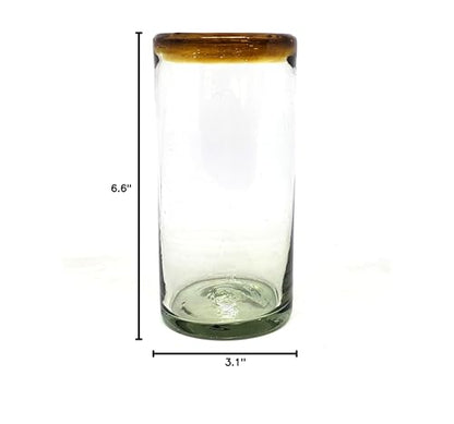 Amber Rim 20 oz Tall Iced Tea Glasses (set of 6) Mexican Handmade Glassware, Recycled Glass, Lead-free, Toxin-Free (Tall Iced Tea) - style: 20 oz Tall Iced Tea