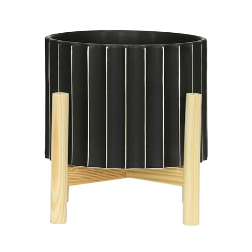 Ceramic Planter with Pine Wood Stand – Plant Pot – Durable Stoneware Planter for Indoor Outdoor Use – Modern Minimalist Plant Holder for Home Decor, Living Room, Garden, Balcony – 9", Black Fluted - color: Fluted Black, size: 8 Inch