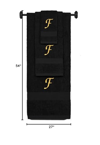 Monogrammed Bath, Hand, Washcloth Cotton Towel Set, Personalized Gift 3Pc-F - color: Black & Gold, size: Initial F