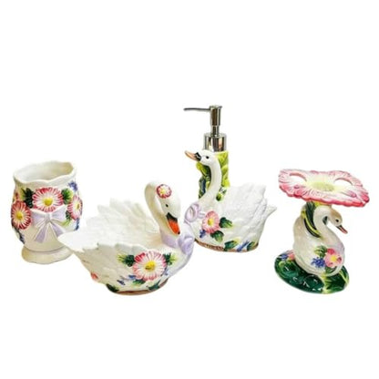Ceramic Swans and Flowers Bathroom Accessories Set, 4 Piece Bathroom Ensemble Set with Toothbrush Holder, Toothbrush Cup, Soap Dispenser, Soap Dish
