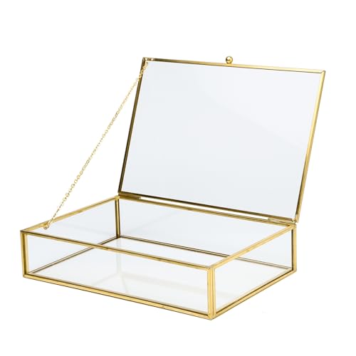 Vintage Glass Jewelry Box Keepsake Box with Hinged Lid, Clear Rectangle Storage Box Great for Storage Trinket/Jewelry/Card/Photo,Gift for Birthday Wedding -GCB009-Middle - color: Glod/Rectangle, size: Middle