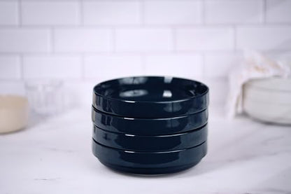 KooK Ceramic Large Pasta Bowls, Microwave and Dishwasher Safe, Great for Soups and Salads, Shallow Serving Bowls, Glossy Porcelain, 47 oz, Set of 4, Navy Blue - color: Navy Blue