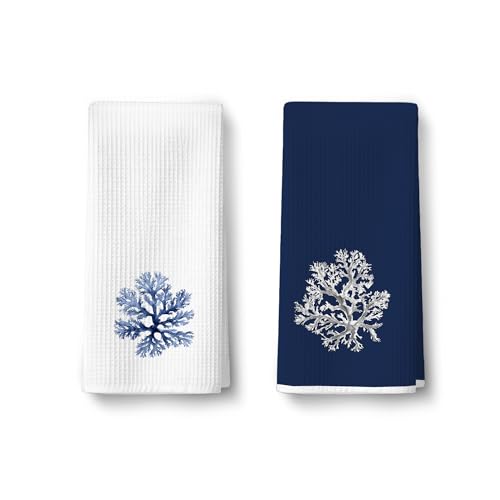 Coral Coastal Bathroom Hand Towels Set of 2 - Ocean Navy Blue Waffle Bath Hand Towel Decorative for Summer Kitchen Dish Tea Towels, Beach House Coastal Bathroom Decor, Beach Gifts for Women Men064 - color: Ccolor006