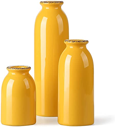 CWLWGO-Ceramic Yellow Vase Set of 3, Decorative Vases for Modern Farmhouse Decoration, Living Room Accents & Dining Table Centerpieces, Idea Bookshelf Mantel and Entrance Decor. - color: Yellow
